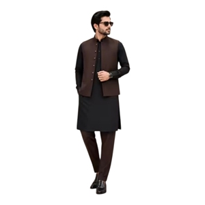 Ensemble Kurta Pyjama Traditionnel en Coton pour Homme avec Gilet Marron – Style Indien et Pakistanais, Coupe Droite, Longueur Cheville, Tenue Décontractée - Product Image 6