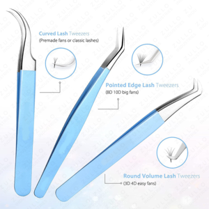 Juego Profesional de Pinzas para Pestañas Azules, 6 Piezas, Acero Inoxidable, Curvas y Rectas, Herramientas para Extensión de Pestañas con Estuche de Cuero PU - Product Image 2