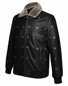 Veste de motard en cuir véritable pour homme de haute qualité, col en fausse fourrure, fermeture éclair, style moto, épaisse, noire, 220g, pour l'hiver - Product Image 3