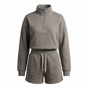 <b>Women's</b> 2 Piece Fleece Sweatshirt and <b>Shorts</b> Set Stand Collar Zipper Loose Fit Casual Solid Color Above <b>Knee</b> <b>Length</b> Daily Wear - Product Image 1