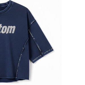 Premium Heavyweight Cotton Navy Blue Acid Wash Crop Top | Custom Rhinestone Logo <b>Studded</b> Seam Streetwear T-shirt - Product Image 4