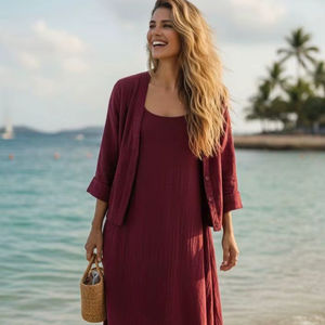 Elegante Vestido Maxi de Muselina de Algodón Hecho a Mano en Color Vino Tinto con Conjunto de Bolero Abierto por Delante para Mujer, Vestido Largo Casual con Volantes - Product Image 1