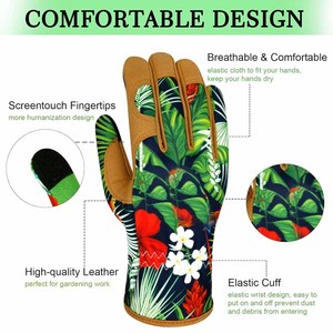 Gants de jardinage robustes et respirants pour femmes, imprimé floral tropical, paume en cuir synthétique, compatibles écran tactile - Product Image 3