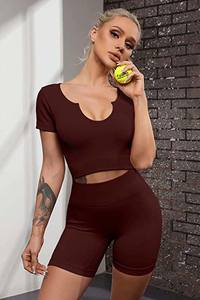 Conjunto Deportivo de 2 Piezas para Mujer, Top Corto de Manga Corta y Pantalones Cortos de Cintura Alta, Ajustados y Elásticos, para Gimnasio, Fitness y Yoga - Product Image 6