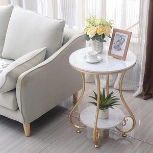 Table basse simple et moderne, table d'appoint de chevet, petite table ronde, plateau en métal, pour salon et chambre (Or et Blanc) - Product Image 3