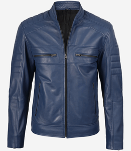 Blouson Moto Homme en Cuir Véritable Bleu, Col Montant, Zippé, Hiver, Style Biker, Personnalisable avec Logo - Product Image 1