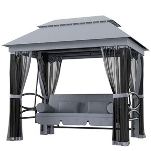 Dondolo da Giardino a 3 Posti con Tettuccio a Doppio Livello, Cuscini Grigi Imbottiti e Pareti Laterali in Rete, con Supporto - Product Image 1