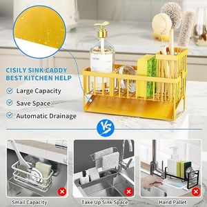 ที่วางแปรงล้างจานและฟองน้ำแบบตั้งโต๊ะ สแตนเลส 304 ป้องกันสนิม พร้อมที่จ่ายสบู่เหลว สีเหลือง สำหรับจัดเก็บในครัว - Product Image 3