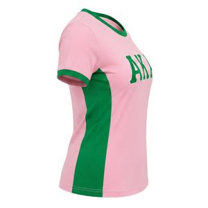 เสื้อยืดสีชมพูเขียวลายทางด้านข้างสำหรับผู้หญิง เสื้อแขนสั้นลำลอง คอทรงกลม แฟชั่นสตรีทแวร์ ใส่ได้ทุกวัน - Product Image 2