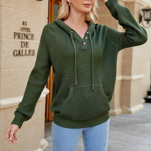 Sudadera con Capucha para Mujer, Nueva, Moderna y Casual, Transpirable, Tejido Waffle, Cuello en V con Botones y Cordón Ajustable, Manga Larga - Product Image 2