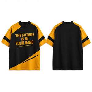 <b>Men's</b> Black Yellow Raglan Sleeve T-<b>Shirt</b> Oversized Casual O-Neck Printed Letter Design Contrast Trim Knitted Embossed T-<b>Shirt</b> - Product Image 1