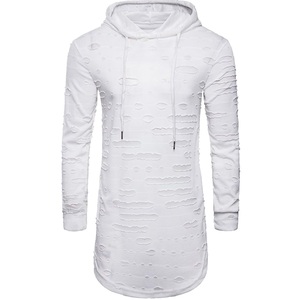 Plain Blank White Color Pullover Distress Hoodie Slim Fit Elongated Tall Knitted French Terry Rip Distressed Hoodie Breathable - Product Image 6