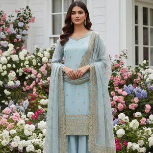 Designer Silk Kurti Palazzo Set for Women | Heavy Embroidery <b>Sequin</b> Work Festive Wear with Dupatta - Product Image 1