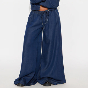 <b>Women</b> Denim Tracksuit Set Full Length Wide Leg Pants Cropped <b>Jacket</b> Zipper Closure Solid Blue Casual Wear Spring Style - Product Image 5