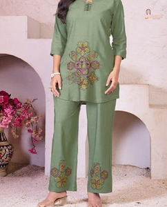 Women's Purple Embroidered Cotton Kurta <b>Set</b> Three Quarter Sleeve Loose Fit Floral Handwork Casual Wear Spring Summer - Product Image 6