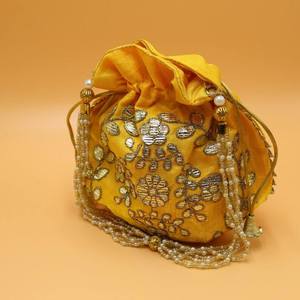 Bolso de mano tipo Potli indio hecho a mano con monedero, diseño Gota Patti, amarillo mostaza, perlas Batwa, para mujer - Product Image 2