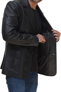 Men Brown Leather <b>Blazer</b> Single Breasted Notched Collar Regular Fit Full Length Sleeve British Style Jacket - Product Image 2