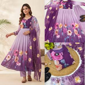 Traje Anarkali de Georgette Floral para Mujer, Atuendo Étnico Indio, Kurta de Tela Pesada Estampada, Palazzo, Dupatta, para Fiesta o Boda - Product Image 5