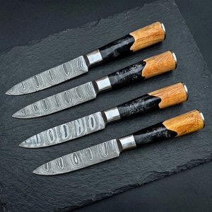 Handmade Damascus Steel Chef <b>Steak</b> <b>Knives</b> <b>Set</b> 4-Piece Wood Micarta Handle Leather Sheath Utility Wholesale Ambidextrous - Product Image 1