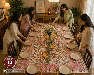 Ensemble de sets de table élégants en coton blanc imprimé au bloc Butti rose, qualité export, décoration de salle à manger, chef-d'œuvre fait main - Product Image 4