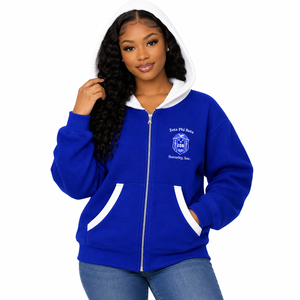 เสื้อฮู้ดซิปผู้หญิง Zeta Phi Beta Sorority สีแทน แต่งฮู้ดตัดสี ซิปยาว แขนยาว ปักอักษรกรีก สไตล์ลำลอง - Product Image 1
