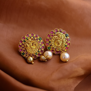 Peacock Stud Earrings with Golden Imitation Pearls 24K Gold Plated Zircon - Product Image 3