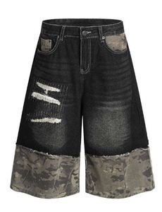 Shorts en jean décontractés pour hommes, motif camouflage vintage, taille mi-haute, en coton écologique, vêtements d'été, vente en gros, directement de l'usine, pas cher - Product Image 3