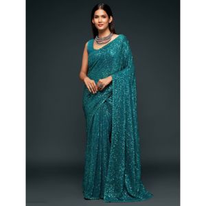 Stunning Teal Blue <b>Sequins</b> Georgette Reception Wear Saree - Product Image 5