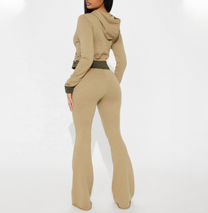 Custom Print Cotton Casual <b>Women's</b> <b>Khaki</b> Cropped Hoodie With Olive Trim 2Piece Set Full Sleeve Knitted Loose Fit Distressed Set - Product Image 2