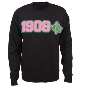 Black 1908 Embroidered Crew Neck <b>Sweatshirt</b> with <b>Pink</b> Green Emblem Long Sleeve Pullover Casual Women's Fashion Top Soft Warm - Product Image 1