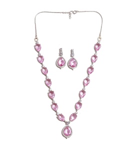 Conjunto de collar clásico con gota de morganita, chapado en oro blanco de 18 quilates, latón con gema rosa, joyería nupcial, regalo para ella - Product Image 1