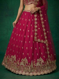 Burgundy Embroidered Bridal <b>Lehenga</b> Choli Wedding Dress Sleeveless V-Neck Floor-Length A-Line Silhouette Polyester Stretchable - Product Image 4