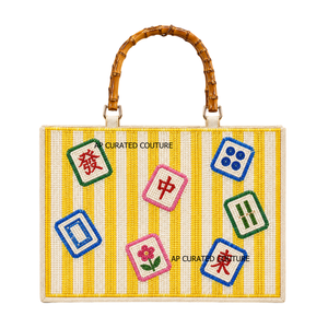 Bolso Tote Personalizado con Cuentas Bordadas de Mahjong, Asas de Bambú, Cierre de Cremallera, Bolsos de Compras Hechos a Mano para Mujer - Product Image 3