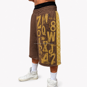 <b>Men's</b> Red Corduroy Bermuda <b>Shorts</b> With <b>White</b> Letter Print Elastic Waist Street Style Pocket Design - Product Image 2