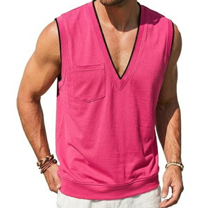 Chalecos sin mangas con cuello en V para hombre, al por mayor, de calidad, con bolsillo, logotipo personalizable, transpirables, estilo casual de verano, ropa urbana, camisetas sin mangas - Product Image 5