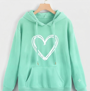<b>Women's</b> Green <b>Hoodie</b> with <b>White</b> Heart Print 100% Cotton Knitted Breathable Casual Front Logo Pocket Design Winter Wear - Product Image 2