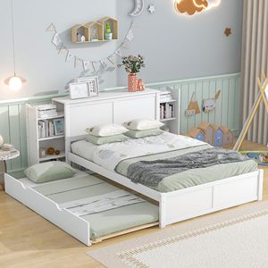 Letto a piattaforma bianco full size con contenitore, ripiani estraibili e letto estraibile singolo per bambini - Product Image 1