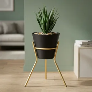 Pot de fleurs en métal noir avec support trépied doré, pot à fleurs conique moderne pour plantes d'intérieur, salon, chambre, bureau, balcon - Product Image 4