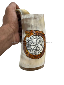 Handmade odin logo design polished buffalo ox horn mug tankard hand carved kitchenware high demandable low price here wholesale - Product Image 3
