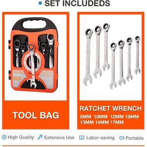 Kit de clés à cliquet 7 pièces 8mm-19mm en acier au chrome-vanadium entièrement poli 72 dents, outil de garage standard pour la maison - Product Image 2