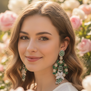 Boucles d'oreilles pendantes florales perlées, bijoux de mariage vintage en alliage de perles pour femme, vert et blanc - Product Image 3