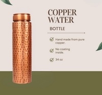 Botella de Agua Portátil de Cobre Pulido y Martillado, Moderna, Ecológica, Reutilizable, Antideslizante, Hecha a Mano, Ayurvédica