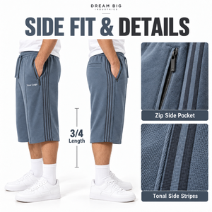 Shorts 3/4 en molleton 100 % coton pour homme, bleu, taille élastique avec cordon de serrage, poches latérales, poche arrière, coupe ample, vente en gros - Product Image 2