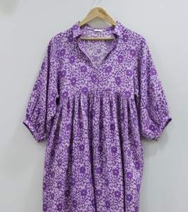 Vestido Túnica Indio Hecho a Mano 100% Algodón para Mujer |   Ropa Formal de Oficina Ecológica y Transpirable, Corte en A, Cintura Natural, Estampado Floral - Product Image 4