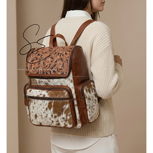 Jumbo Diaper Leather Bag Tooled Leather Hair On Hide Jumbo <b>Backpack</b> Western Cowhide <b>Backpack</b> Bag Rustic Travel Bag Moms Bag - Product Image 3