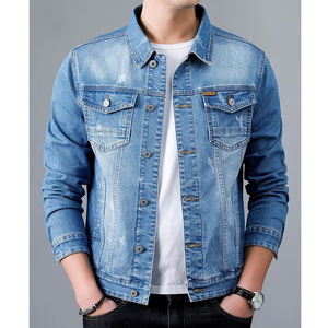 MANWA Veste en jean bleu délavé 100 % coton écologique pour homme, col rabattu, simple boutonnage, manches longues, décontractée pour l'automne - Product Image 1