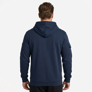 Sudadera con capucha azul marino para hombre, media cremallera, corte regular, algodón French Terry, diseño casual con bolsillos, para otoño, 320-580 GSM, ecológica, frontal - Product Image 5