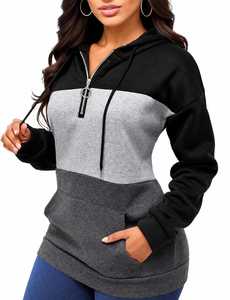 Sudadera con capucha y media cremallera, con bloques de color, de forro polar, casual, de corte regular, para otoño, talla grande para mujer, en negro, gris y azul. - Product Image 3