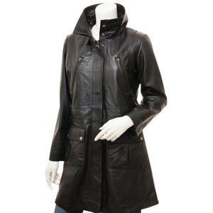 Custom <b>Women</b> Genuine <b>Leather</b> <b>Long</b> Motorcycle <b>Jacket</b> Stand Collar Zipper Closure Full Sleeve Utility Style Windproof Outer wear - Product Image 1