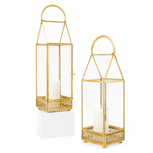 Handmade Gold Metal & Glass Hut Shape Candle <b>Lantern</b> Decorative <b>Hurricane</b> Candle Holder for Wedding Centerpiece On Sale - Product Image 1